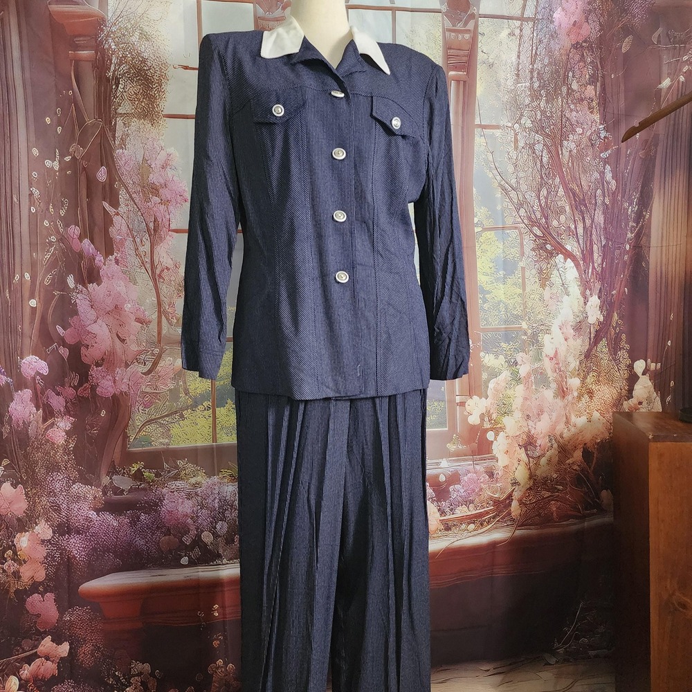 Perceptions Vintage Navy Pinstripe 2 Piece Suit Set White Collar Womens 18 XXL